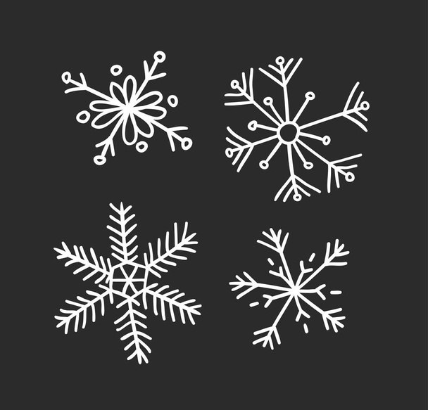 Χέρι που σετ vintage νιφάδες χιονιού. Λευκό σε μαύρο φόντο. Αφηρημένη doodle σχέδιο χιόνι. Ρετρό τέχνη εικονογράφηση διάνυσμα - Διάνυσμα, εικόνα