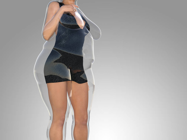 sobrepeso obeso feminino vs slim fit corpo saudável, ilustração 3D
 - Foto, Imagem