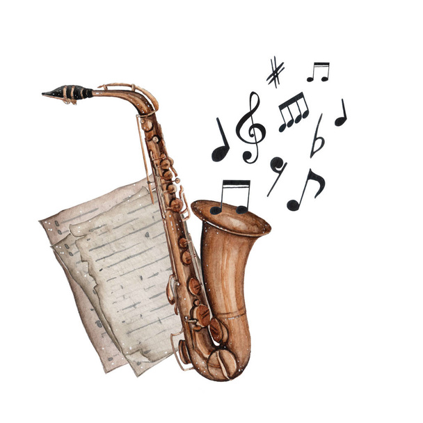 Watercolor musical instrument saxophone illistration isolated on white background - Photo, Image