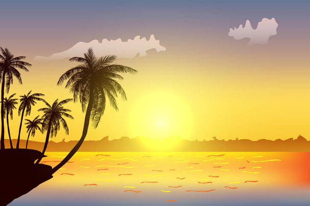 Fila di palme tropicali contro il cielo del tramonto. Silhouette di alte palme. Paesaggio tropicale serale. Colore sfumato. Illustrazione vettoriale. EPS 10
 - Vettoriali, immagini
