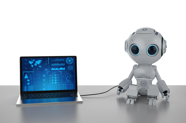 3d rendering mini robot with computer notebook on white background - Photo, Image