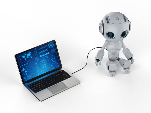 3d rendering mini robot with computer notebook on white background - Photo, Image
