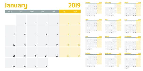 Kalendář planner 2019 šablonu vektorové ilustrace všech 12 měsíců týden začíná v pondělí a označují víkendy v sobotu a neděli - Vektor, obrázek