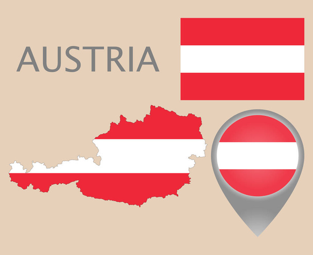 Värikäs lippu, kartta osoitin ja kartta Itävallan lipun väreissä. Suuri yksityiskohta. Vektoriesimerkki
 - Vektori, kuva