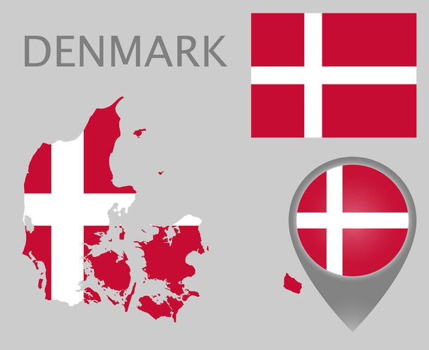 bunte Flagge, Kartenzeiger und Landkarte von Dänemark in den Farben der dänischen Flagge. hohe Detailgenauigkeit. Vektorillustration - Vektor, Bild