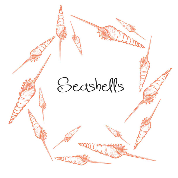 Vector wreath with hand drawn seashells.  Marine background in engraved style. Hand drawn underwater vector illustration with seashells. - Vector, Image