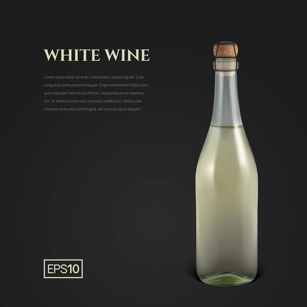 Botella fotorrealista de vino espumoso blanco sobre fondo negro
 - Vector, imagen