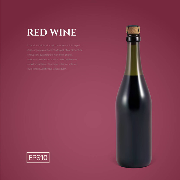 Botella fotorrealista de vino espumoso rojo sobre fondo borgoña
 - Vector, Imagen