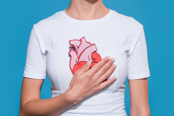 cropped shot of woman in white tshirt with paper made heart on blue backdrop - Foto, Imagem
