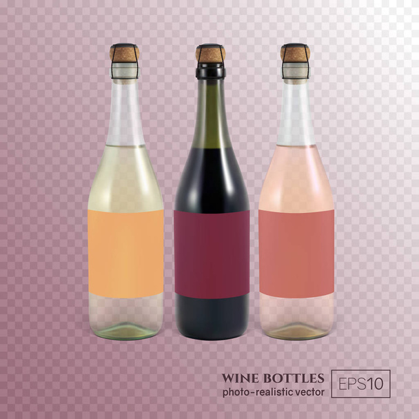 Κόκκινο, λευκό και ροζέ κρασιού μπουκάλια σε διαφανές φόντο. - Διάνυσμα, εικόνα