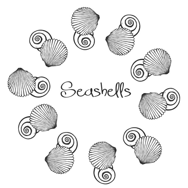 手とベクトル花輪には、貝殻が描かれています。刻まれたスタイルで海洋の背景。手で貝殻で水中のベクトル図を描画. - ベクター画像