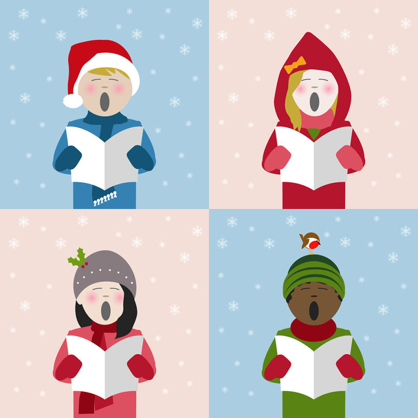 boys and girls in winter clothes singing Christmas carols from a song sheet - ベクター画像