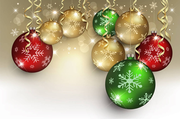 Weihnachtskugeln Grußkarte Gold rot grün Hintergrund Schneeflocke Raster - Foto, Bild
