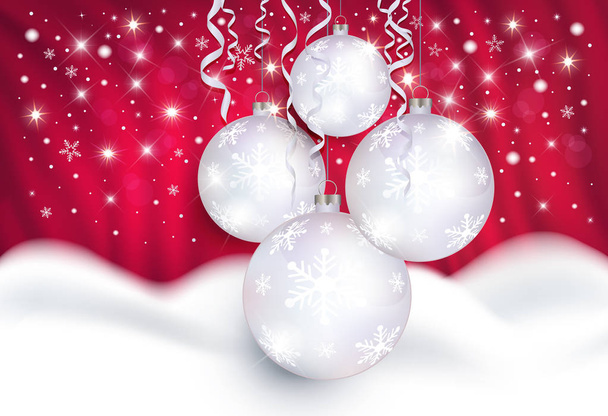Navidad bolas cortina rojo fondo y snowdrift tarjeta de felicitación raster
 - Foto, imagen