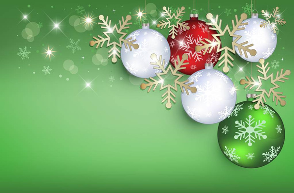 Boules de Noël carte de voeux fond vert flocons de neige or raster
 - Photo, image