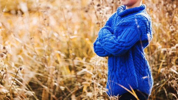 a boy in a blue warm knitted sweater stands arms crossed in a field. - Photo, Image