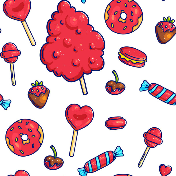 Caricature colorée doodle avec contours bonbons sucrés fond de motif sans couture pour le papier d'emballage et l'emballage. Avec barbe à papa et coeur lustré dans des couleurs roses
 - Vecteur, image
