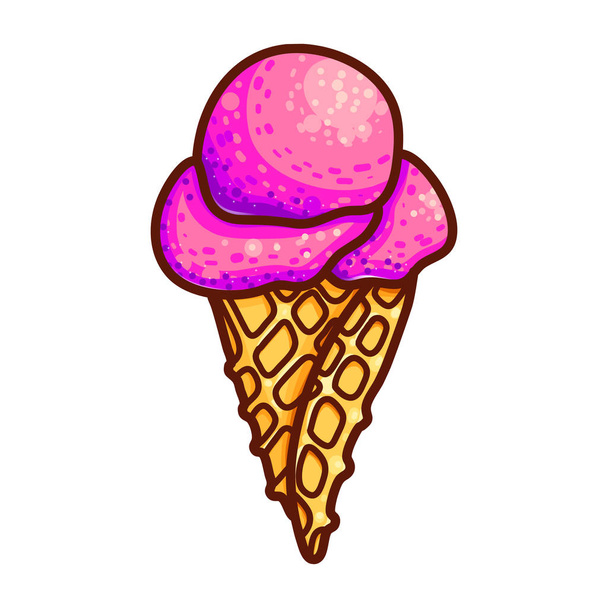 Ice cream waffle cone hand drawn color vector illustration. Icecream balls in belgian waffer clipart. Doodle pink icecream balls. Ice cream shop, cafe menu isolated handdrawn design element - Vector, Image