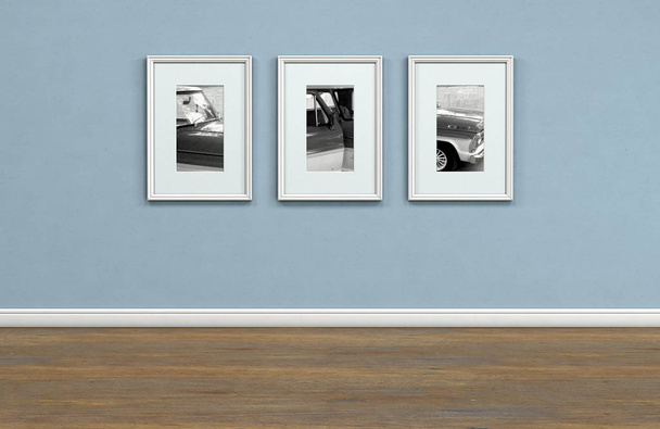 Послідовність трьох обрамлених висячих фотографій на плоскій синій стіні в будинку з блискучими дерев'яними підлогами 3D рендеринг
 - Фото, зображення