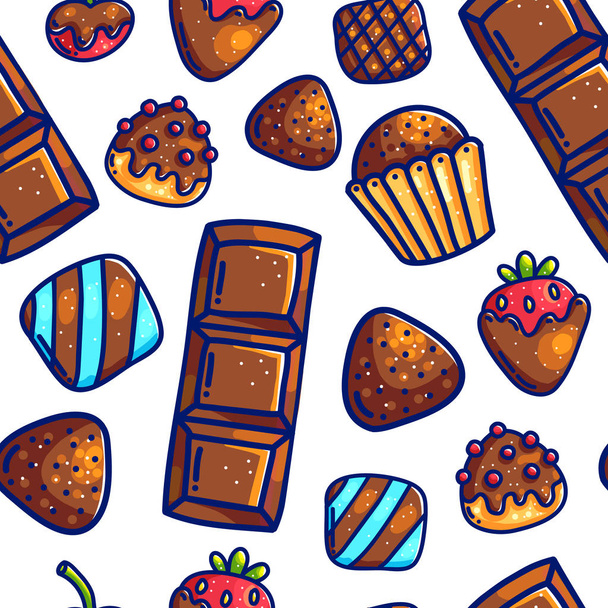 Doodle cartoon colorido com contornos doces doces fundo padrão sem amostras para papel de embrulho e embalagem. Chocolates e bagas
.  - Vetor, Imagem