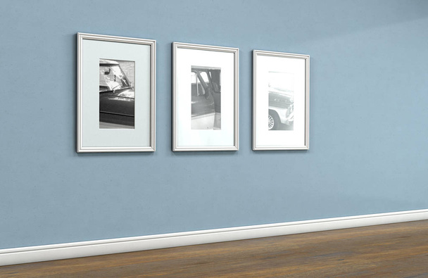 Последовательность из трех рамок, висящих на плоской голубой стене в доме с блестящими деревянными полами - 3D рендеринг
 - Фото, изображение