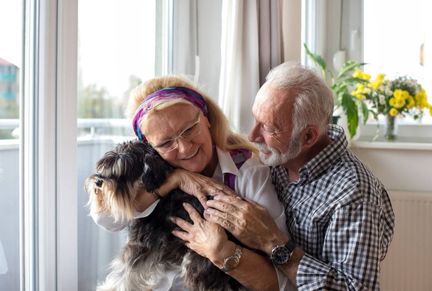 Happy senior couple holding dog at home and enjoying together in moment - Photo, image