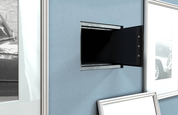 Открытый скрытый стенной сейф, открывающийся за висящей рамкой картины на плоской голубой стене в доме с блестящими деревянными полами - 3D рендеринг
 - Фото, изображение