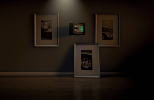 Открытый скрытый стенной сейф за висящей рамкой картины на плоской стене в доме ночью - 3D рендеринг
 - Фото, изображение