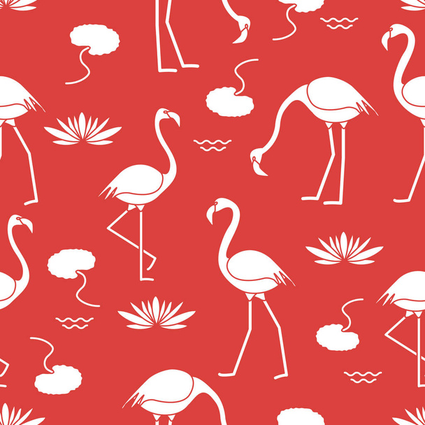 Seamless pattern with flamingo, flowers and leaves water lilies. Design for poster or print. - Vector, Image