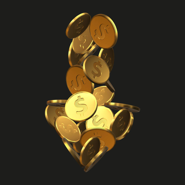 pfeilförmige goldene Dollarmünzen. realistische Vektordarstellung. - Vektor, Bild