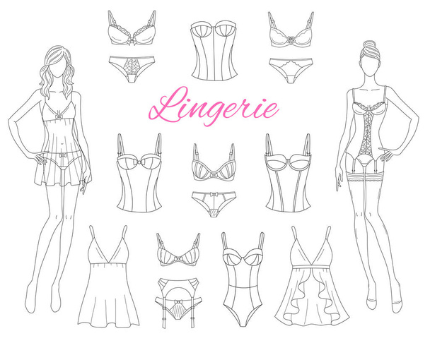 Vrouwelijke lingerie collectie met mooie fashion modellen, de schets van de vector illustratie. - Vector, afbeelding