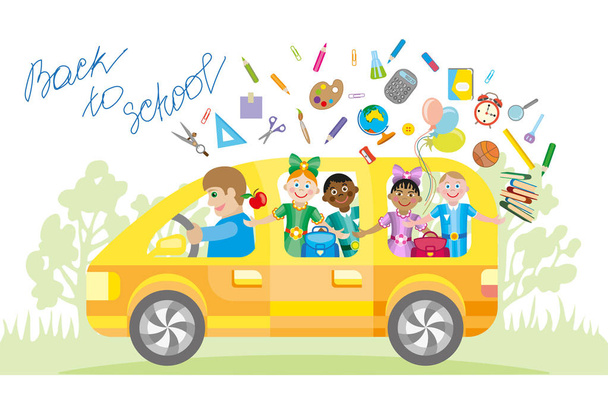 Ilustración de los niños de la escuela montando un autobús escolar
 - Vector, imagen