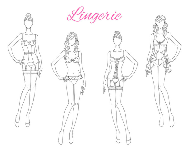 Beaux modèles de mode en lingerie dentelle, illustration vectorielle isolée sur fond blanc
. - Vecteur, image