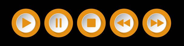 Oranje, witte ronde muziekcontrole knoppen set - vijf pictogrammen met schaduwen voor een zwarte achtergrond - Vector, afbeelding