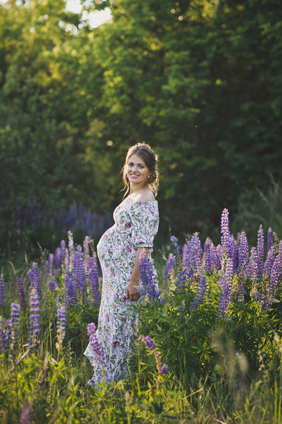 A pregnant girl walks through the blooming lupine field 1680. - Photo, Image