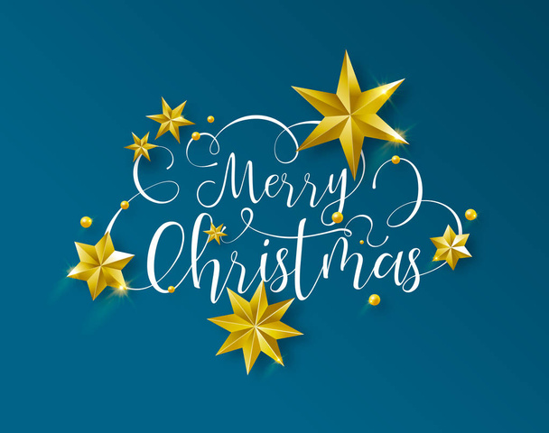Merry Christmas calligraphic greeting card or party invitation illustration, handwritten typography text quote with festive 3d gold stars. Elegant holiday message on blue background. - Vector, Image