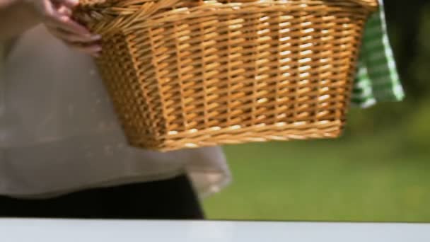 Female putting picnic basket on table closeup, open air meal for family weekend - Felvétel, videó