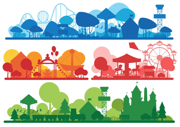 Amusement park colorful silhouette horizontal banner set. - Διάνυσμα, εικόνα