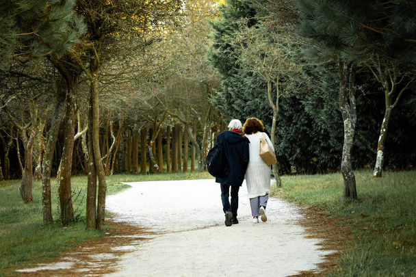 Keski-ikäinen pari kävelee puistossa
 - Valokuva, kuva
