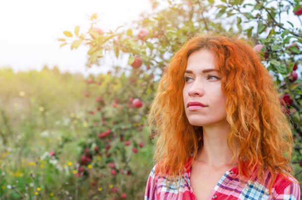Portrait d'automne d'une jeune femme dans une pomme envahie abandonnée
 - Photo, image