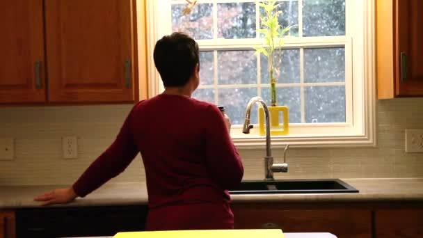 Person hält eine Tasse Kaffee in der Hand, während sie draußen den fallenden Schnee von ihrem warmen Zuhause aus betrachtet - Filmmaterial, Video