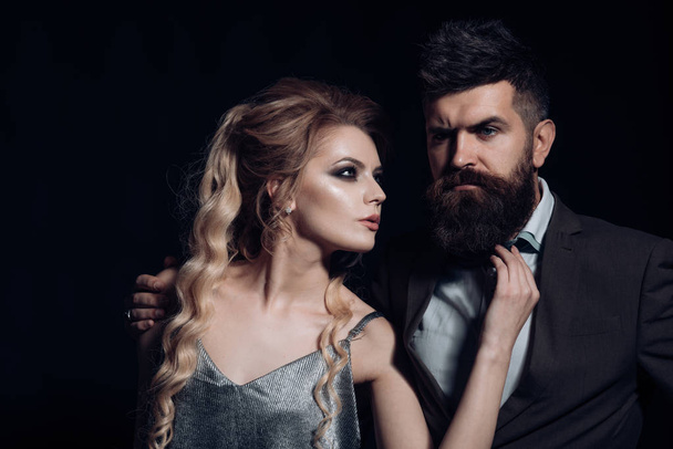 Enjoy dating. Couple in love. Couple of man and woman date on valentines day. Happy valentines day. Bearded man and sexy woman on first date. Getting found love and happiness - Photo, image