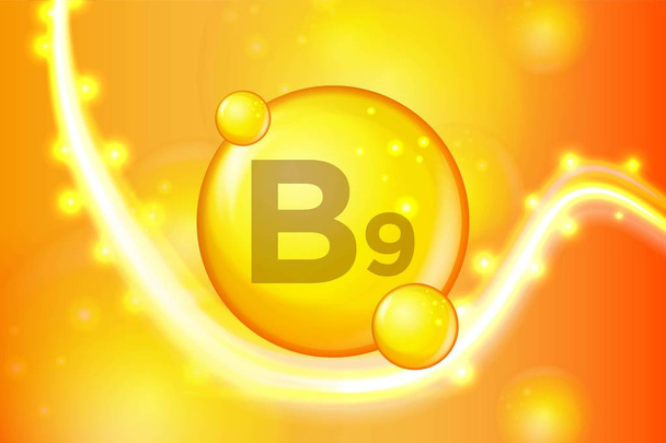 Vitamin B9 hap kapsül simgesi parlayan altın. Vitamini ile kimyasal formülü karmaşık. Parlatıcı altın parıldıyor. Tıp ve ilaç reklamları. Vektör çizim - Vektör, Görsel