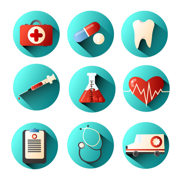 Set of medical icons with different elements of a syringe, ambulance, pills and more. - Vector, Imagen