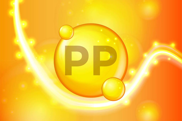 Vitamin Pp altın hap kapsül simgesi parlayan. Vitamini ile kimyasal formülü karmaşık. Parlatıcı altın parıldıyor. Tıp ve ilaç reklamları. Vektör çizim - Vektör, Görsel