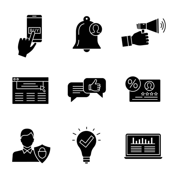 Set di icone glyph fedeltà e fidelizzazione dei clienti. Pay per click, notifica client, pubblicità, sito web, feedback, fidelizzazione, traffico web, idea approvata, protezione degli utenti. Illustrazione isolata vettoriale
 - Vettoriali, immagini