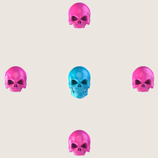 Blauwe en roze schedels op lichte beige achtergrond - Foto, afbeelding