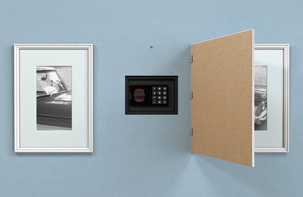 Закрытый скрытый стеновый сейф за висящей рамкой на голубой плоской стене в доме с блестящими деревянными полами - 3D рендеринг
 - Фото, изображение