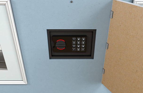 Una caja fuerte de pared oculta cerrada revelada detrás de una imagen enmarcada colgante en una pared plana azul en una casa con pisos de madera brillante - 3D render
 - Foto, Imagen
