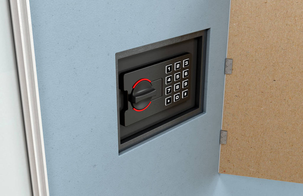 A closed hidden wall safe revealed behind a hanging framed picture on a flat blue wall in a house with shiny wooden floors - 3D render - Photo, Image